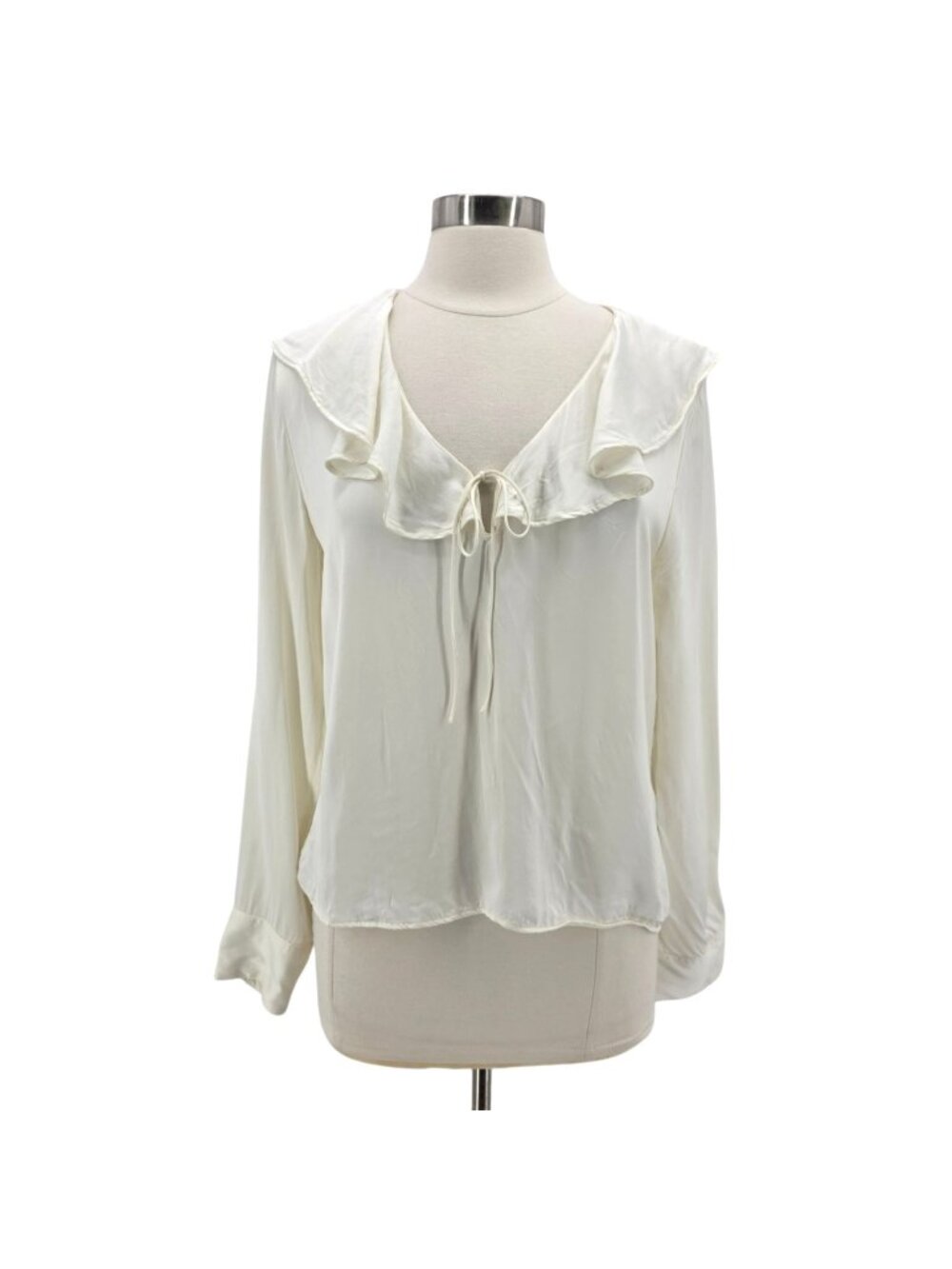 J. Crew Womens Medium Blouse Goldie Top In Satin Ivory Ruffle Tie Long Sleeve